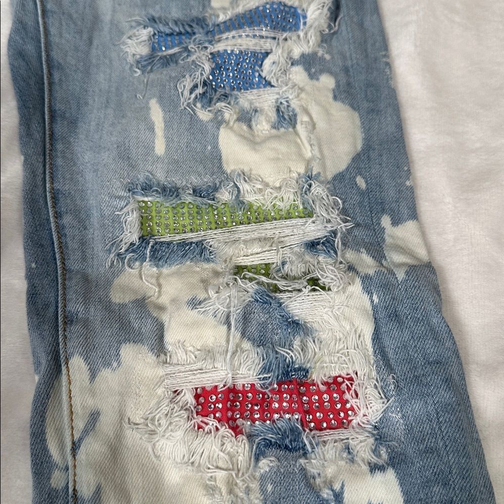 AMIRI Light Blue Distressed Acid Washed Denim Jeans with Bright Bling Patches! - Picture 2 of 7